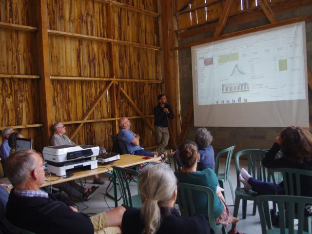 Hier, samedi, c'était le temps de notre AG annuelle. Guillaume, notre éleveur, anime les échanges. Ici, présentation du dispositif de suivi à distance de la production photovoltaïque.
